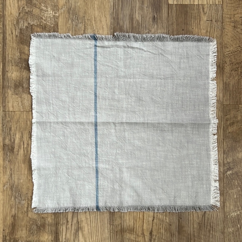 Hearth & Hand Cotton Square Gray Placemat with Blue Stripe and frayed edges